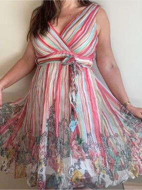 Derhy European Boho Midi Dress | Sleeveless V-Neck Fit & Flare | Statement Dress